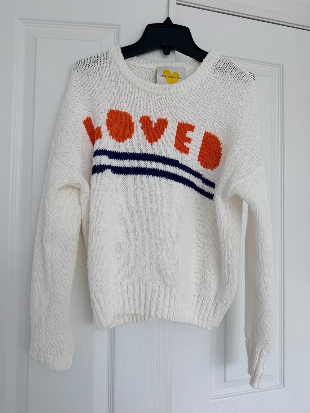 White 'Loved' Crewneck Sweater with Orange Lettering and Navy Stripes